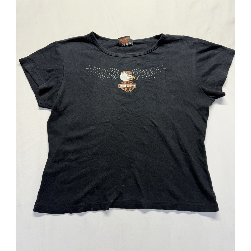 Vintage Harleyโ Davidson Womens Eagle Rhinestone Graphic Tee Black M USA Tshirt